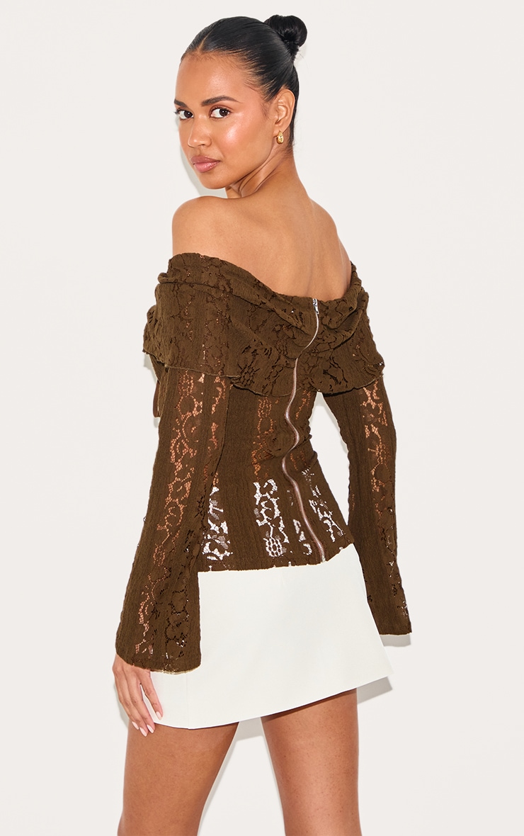 Chocolate Fitted Lace Flared Sleeve Bardot Top image 2