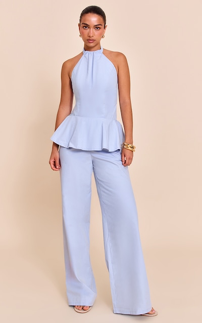 Baby Blue Woven Peplum Hem Jumpsuit