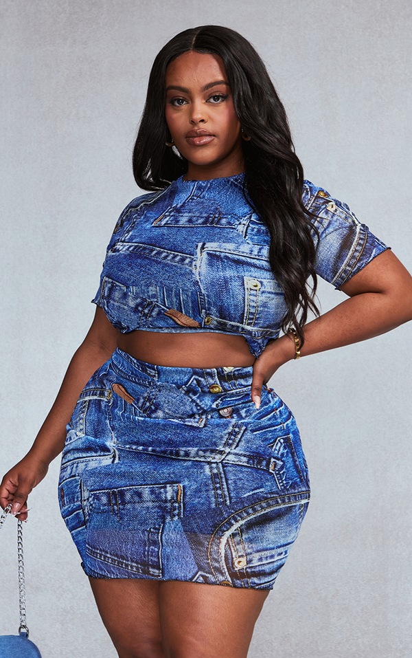 Plus Blue Printed Lettuce Hem Mesh Top PrettyLittleThing USA