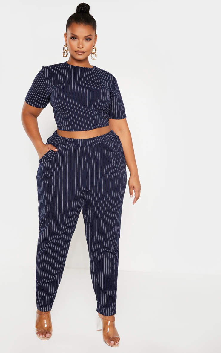 Plus Navy Pinstriped Straight Leg Trouser