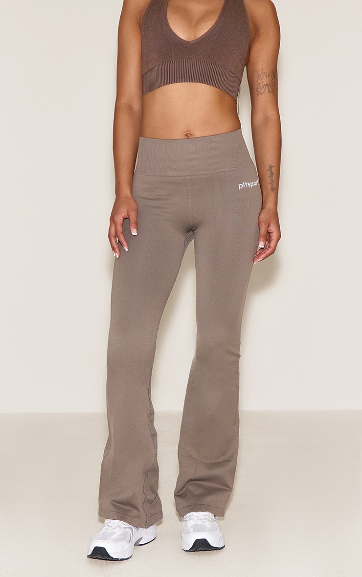 PLT SPORT Brown Seamless Ribbed Detail High Waist Yoga Flares image 2