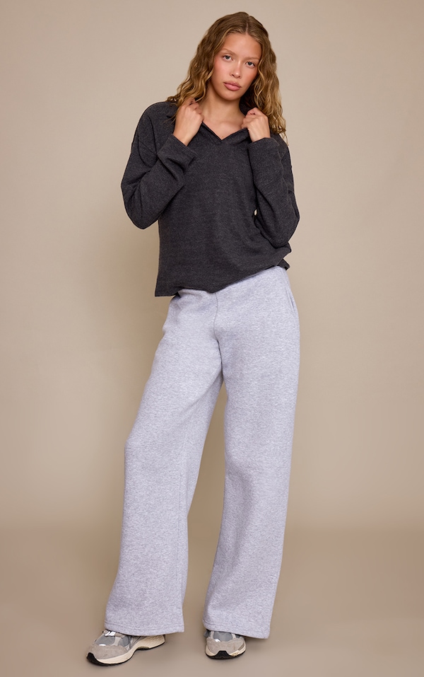 Grey Marl Fold Over Waist Wide Leg Sweatpants