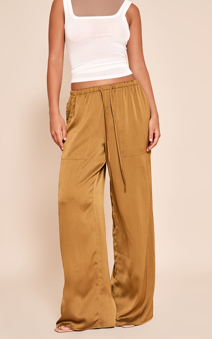 Dark Chartreuse Textured Satin Low Rise Wide Leg Drawstring Pants image 2