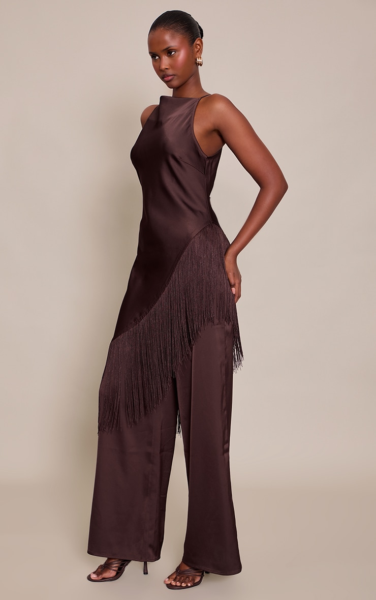 Deep Chocolate Satin Fringe Detail Jumpsuit image 3