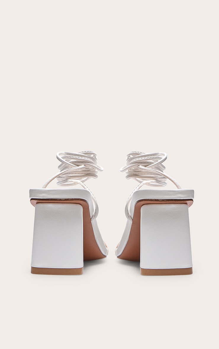 White Wide Fit PU Square Toe Lace Up Low Block Heeled Sandals image 3