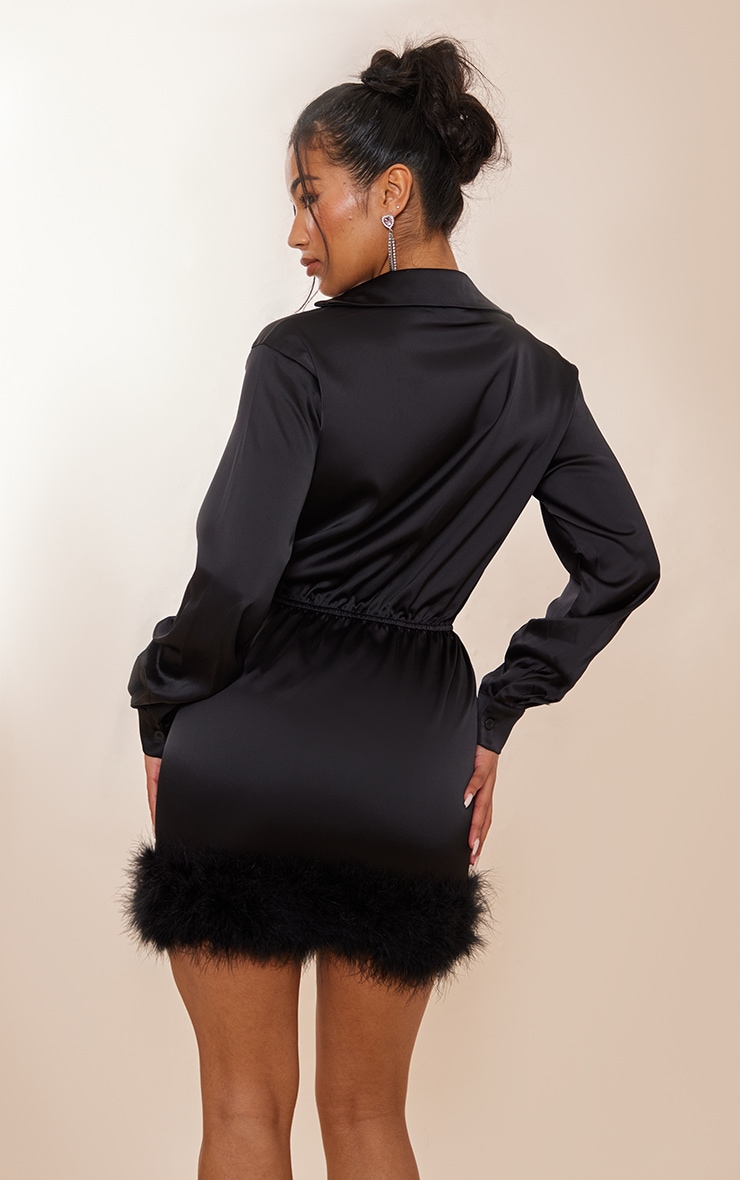 Black Satin Feather Hem Shirt Dress image 2