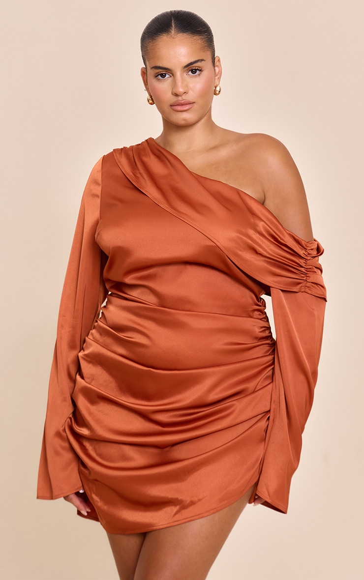Women's Plus Burnt Orange Satin One Shoulder Drape Bodycon Dress | Size: 14 Plus Burnt Orange One Shoulder Drape Bodycon Dress | Plus Size | PLT USA