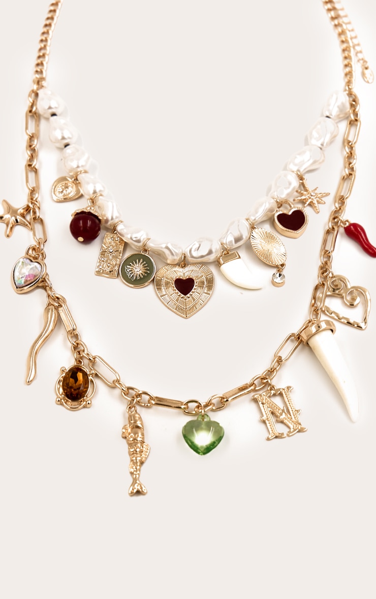White Pearl Beaded Layered Charm Necklace image 3