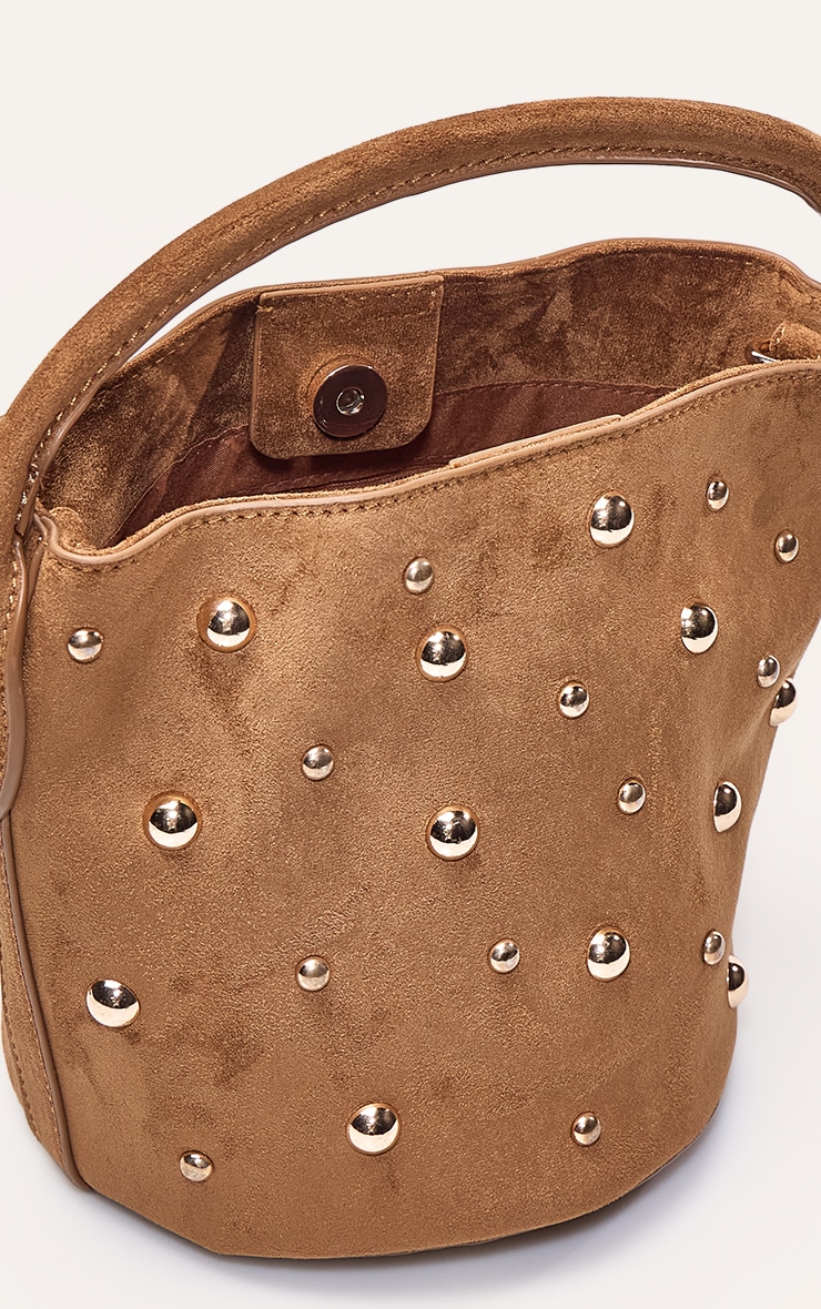 Tan Faux Suede Gold Stud Detail Cross Body Bag image 5