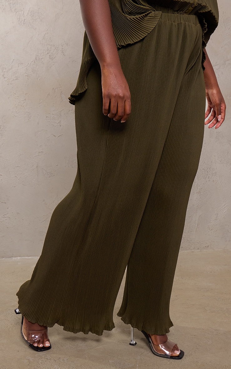 Plus Olive Chiffon Plisse Oversized Wide Leg Trousers image 2