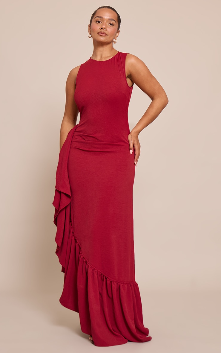 Shape Red Stretch Woven Boat Neck Side Split Frill Maxi Dress image 3