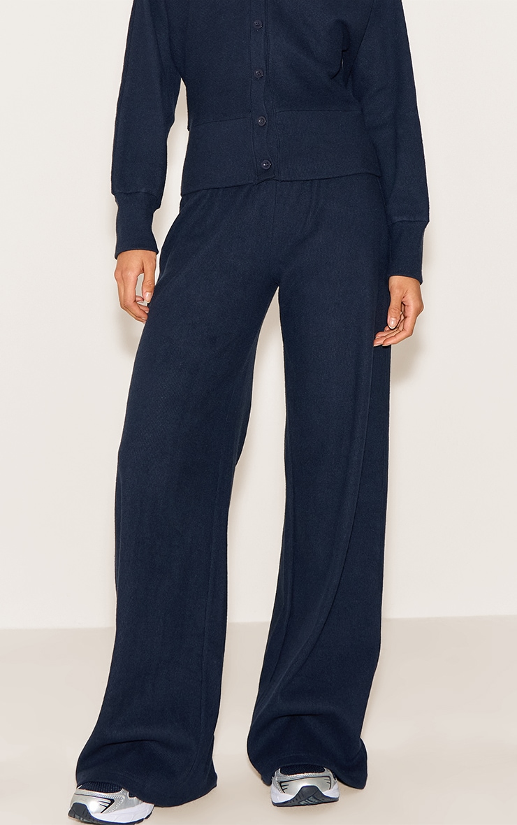 Navy Soft Ribbed Low Rise Wide Leg Pants image 2