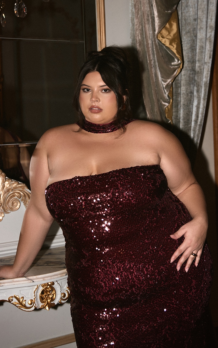 Plus Burgundy Sequin Scarf Detail Bandeau Maxi Dress image 4