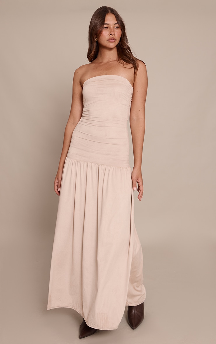 Taupe Faux Suede Bandeau Dropped Waist Maxi Dress image 3