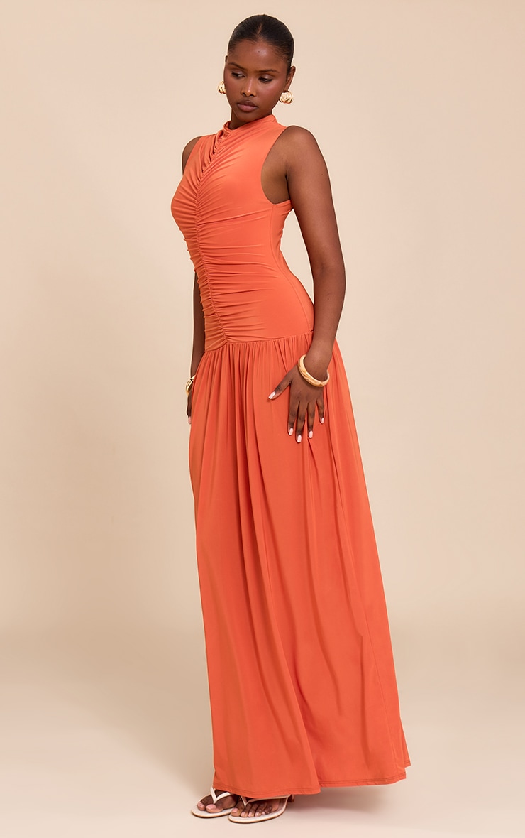 Orange Double Layer Soft Touch Drop Waist Ruched Maxi Dress image 3