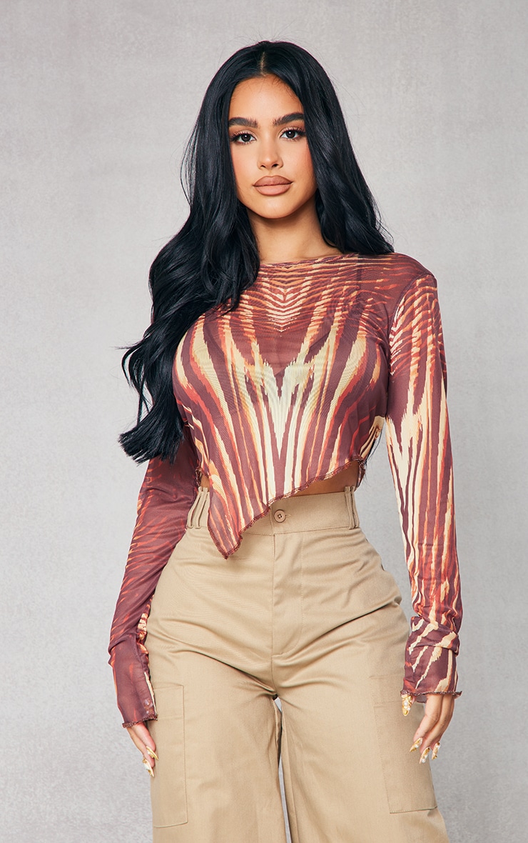 Petite Tiger Print Aysmetric Hem Mesh Longsleeve Top