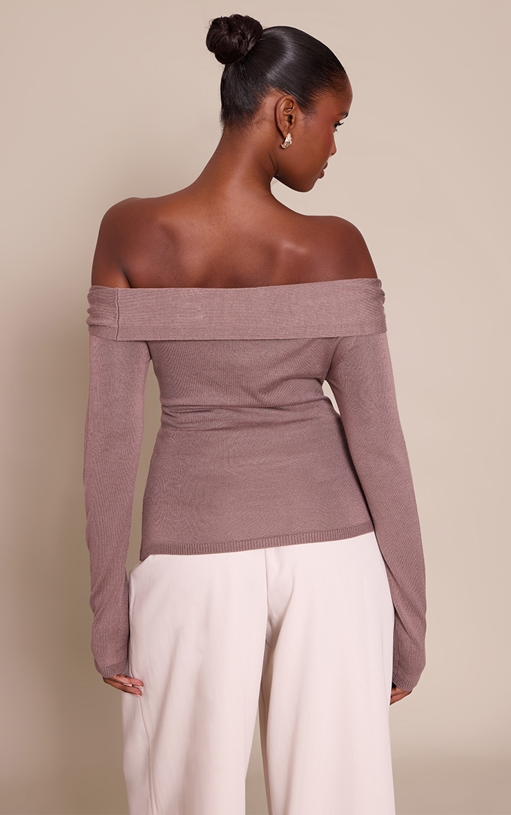 Mocha Long Sleeve Twist Shoulder Detail Knitted Top image 2