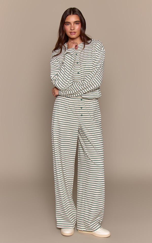 Teal Stripe Soft Rib Relaxed Elasticated Trousers
