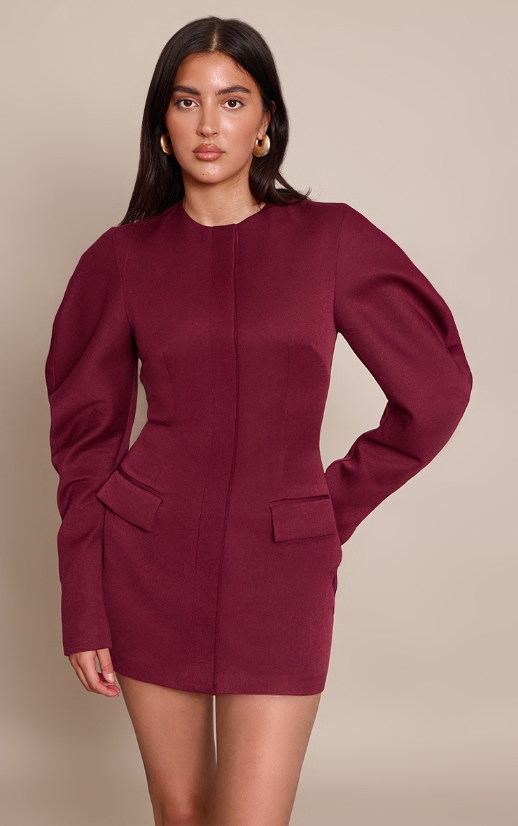 Deep Plum Woven Cacoon Sleeve Button Down Blazer Dress