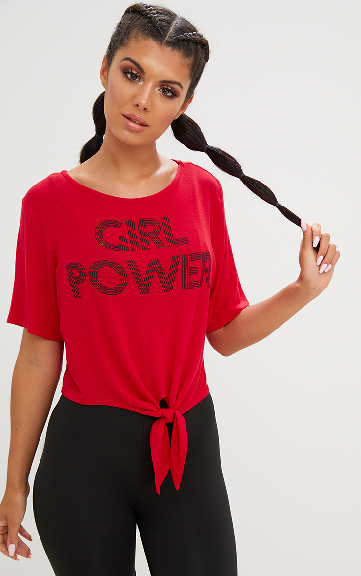 Girl Power Crop Tie Front Top Red. Activewear PrettyLittleThing