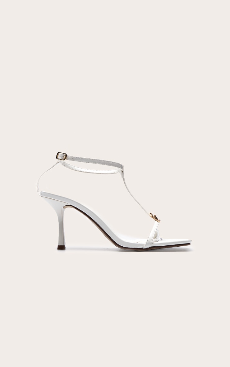 White Pu Square Toe Trim Detail Ankle Strap Mid Heeled Sandals image 2
