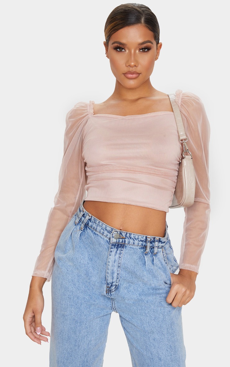 Crop top en mesh rose pâle à manches froncées détail coutures