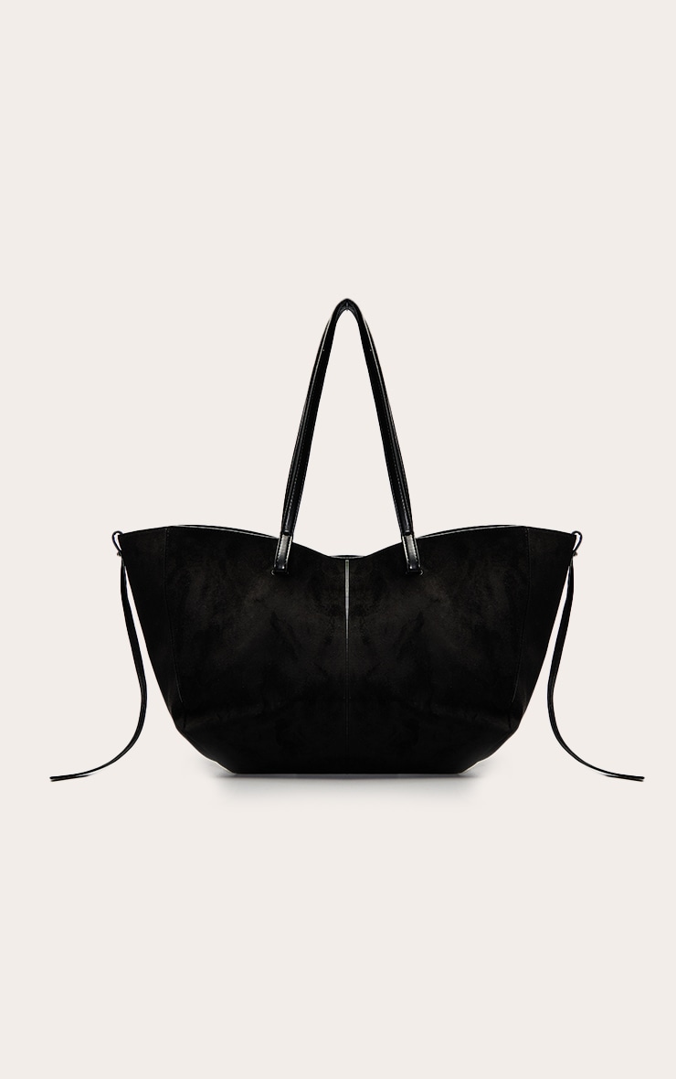 Black Faux Suede Contrast Handle Tote Bag image 2