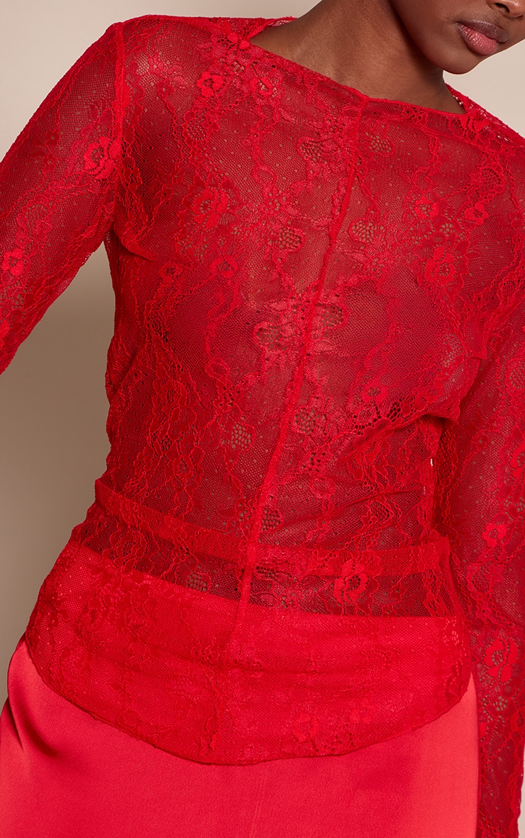 Red Long Sleeve Delicate Lace Top image 4