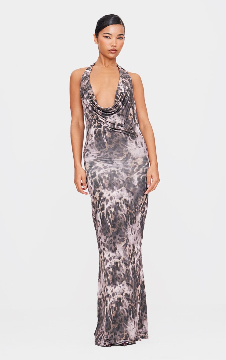 Leopard Slinky Cowl Neck Tie Shoulder Maxi Dress image 3
