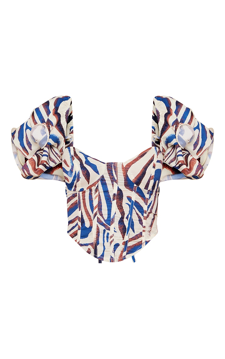 Blue Zebra Printed Woven Curved Hem Crop Top image 5