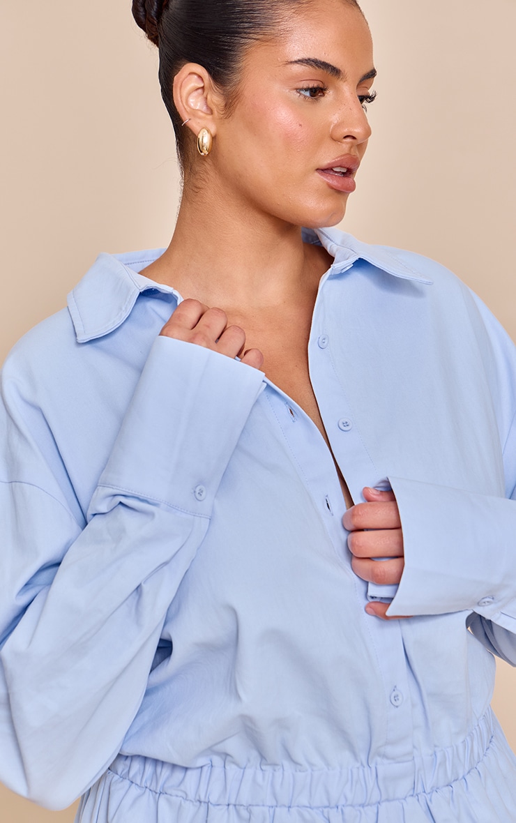 Plus Sky Blue Cotton Ruched Tiered Skort Shirt Romper image 4