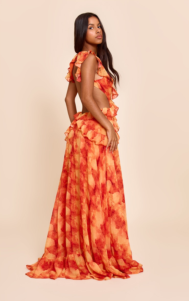 Petite Orange Printed Frill Maxi Dress image 2