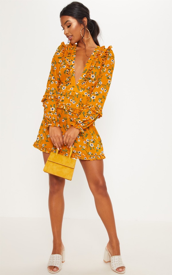 Mustard Floral Print Frill Skater Dress | PLT USA