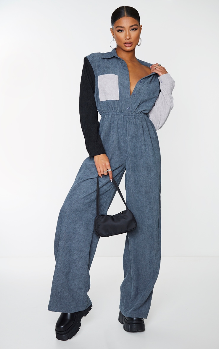 Charcoal Cord Colour Block Shirt Jumpsuit