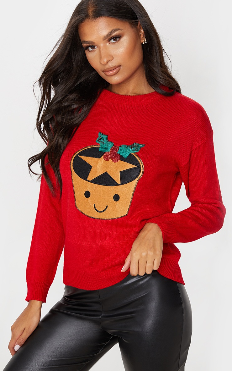 Pull de Noël rouge imprimé tartelette