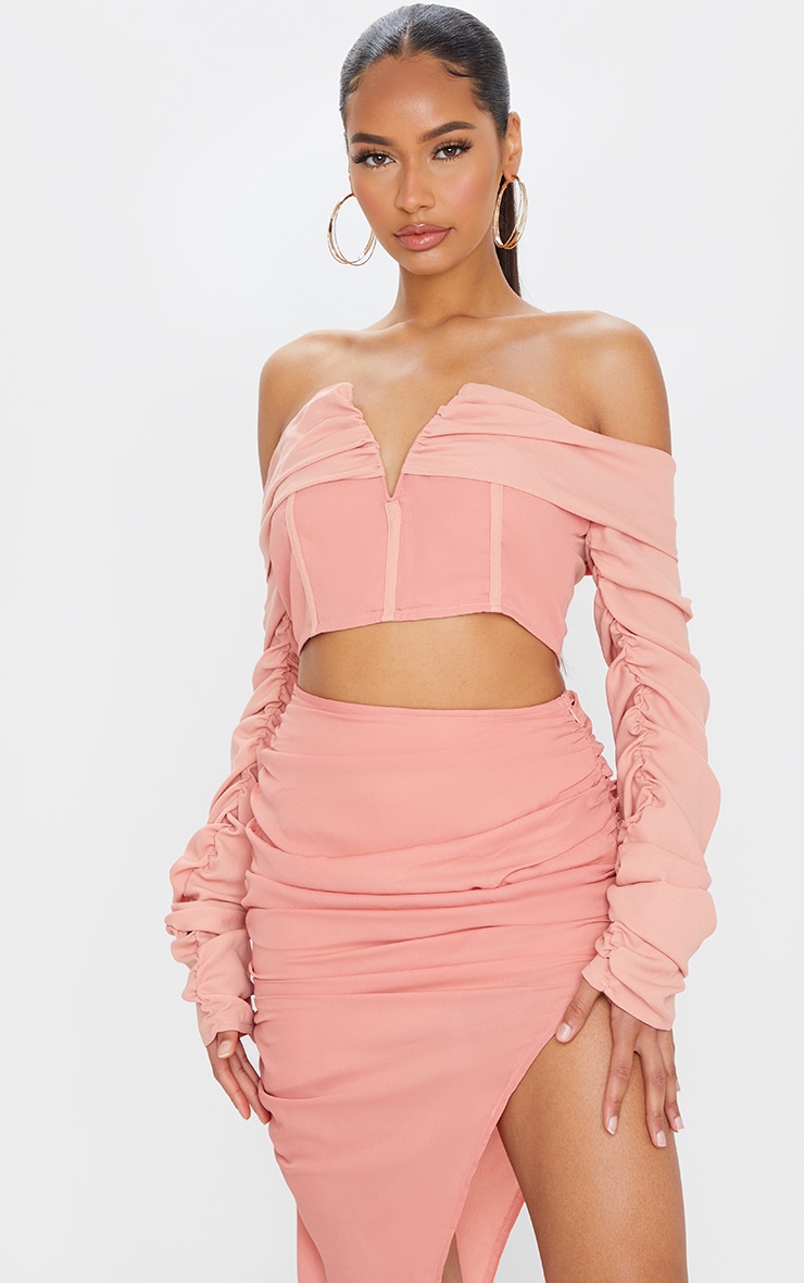 Salmon Woven V Bar Draped Front Ruched Sleeve Crop Top