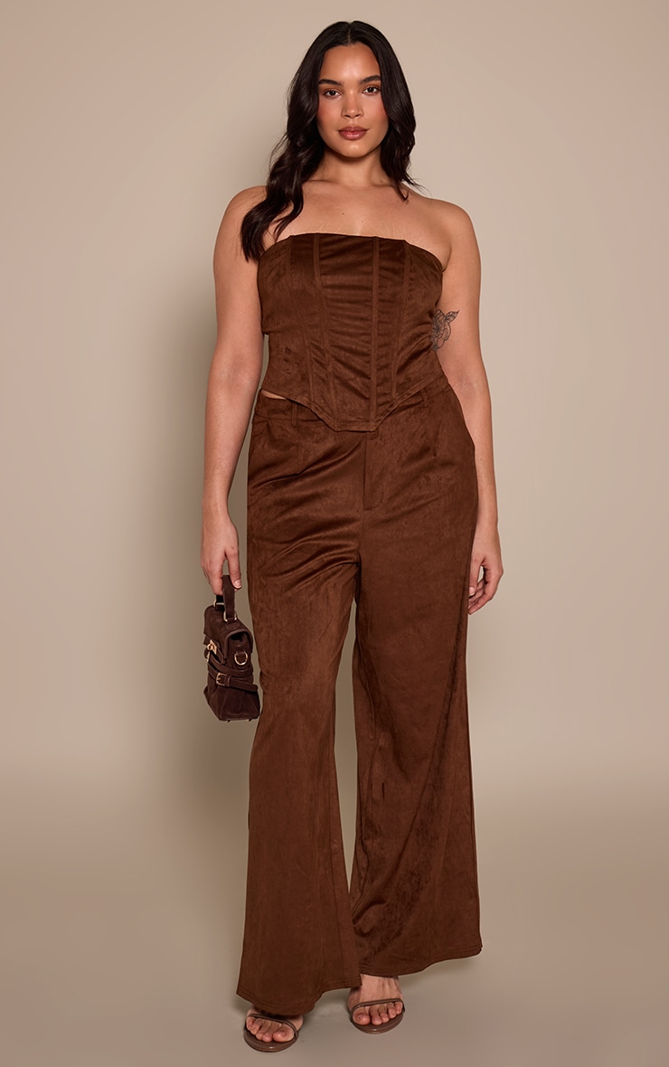 Plus Brown Faux Suede Corset Top | Plus Size | PrettyLittleThing CA