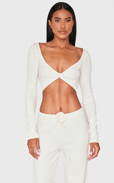 Cream Brushed Rib Twist Front Long Sleeve Bardot Top