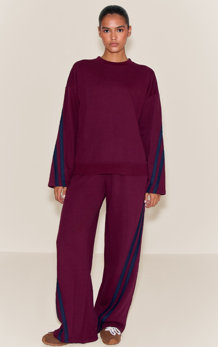 Burgundy Contrast Striped Wide Leg Sweatpants image 2