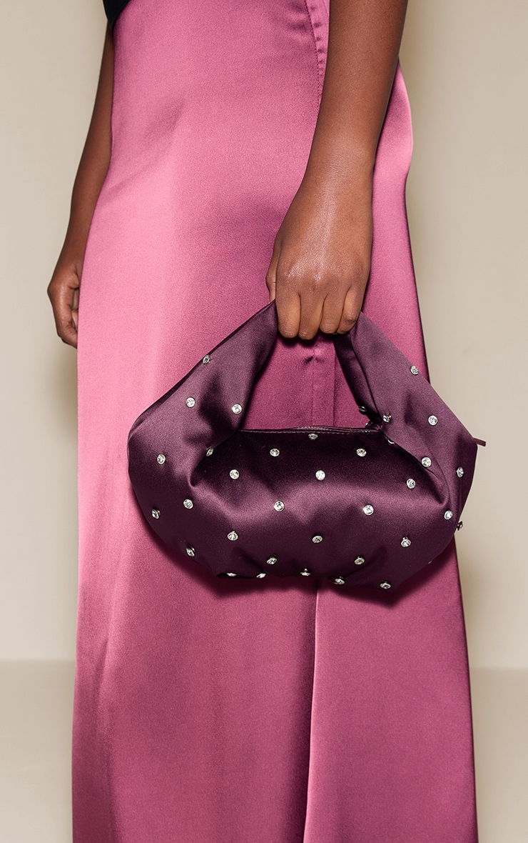 Plum Satin Diamante Stud Clutch Bag image 1