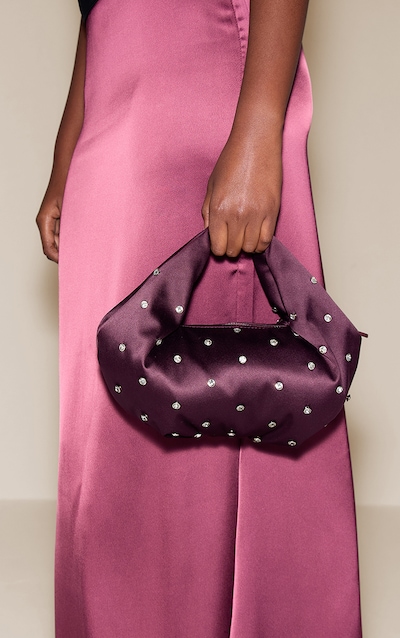 Plum Satin Diamante Stud Clutch Bag