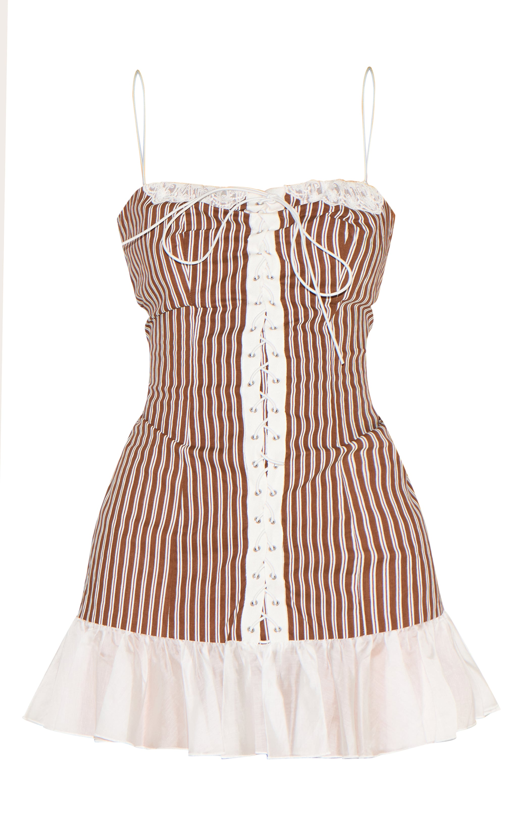 Chocolate Striped Lace Up Frill Hem Bodycon Dress image 5