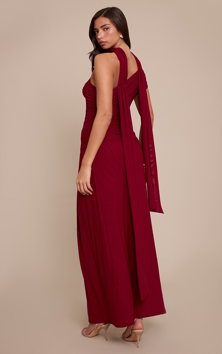 Wine Mesh Scarf Detail Ruched Maxi Dress image 2