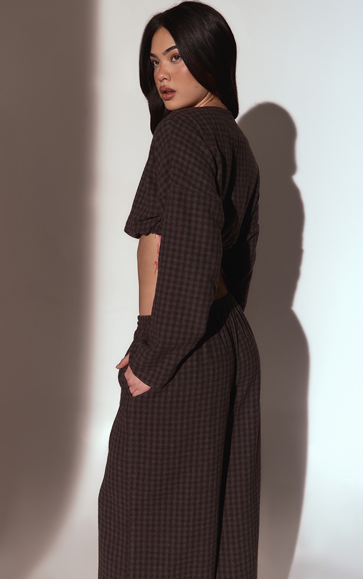 Brown Brushed Check Long Sleeve Crop Top image 2