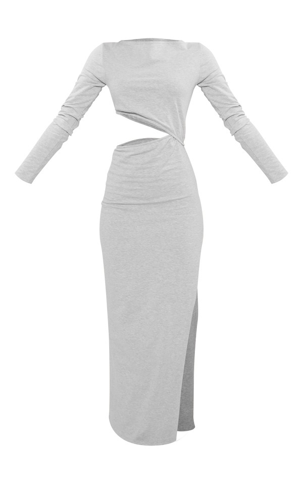 Grey Marl Cotton Cut Out Long Sleeve Maxi Dress PrettyLittleThing USA
