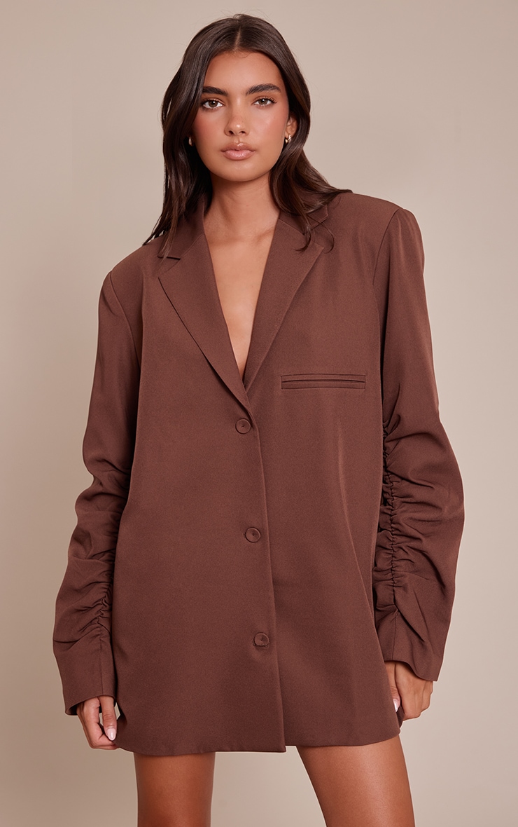 Light Brown Tailored Woven Ruched Sleeve Blazer Dress image 1