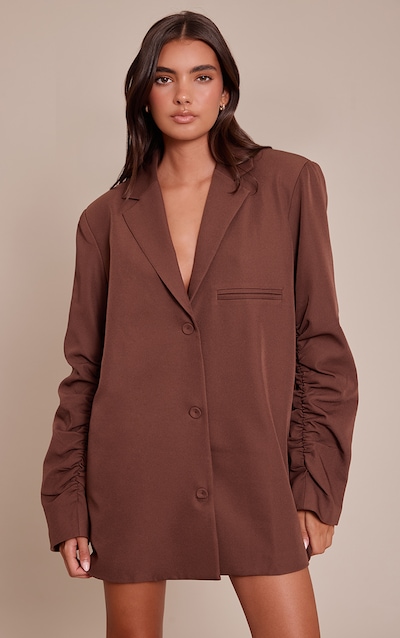 Robe blazer de tailleur tissée marron clair à manches froncées