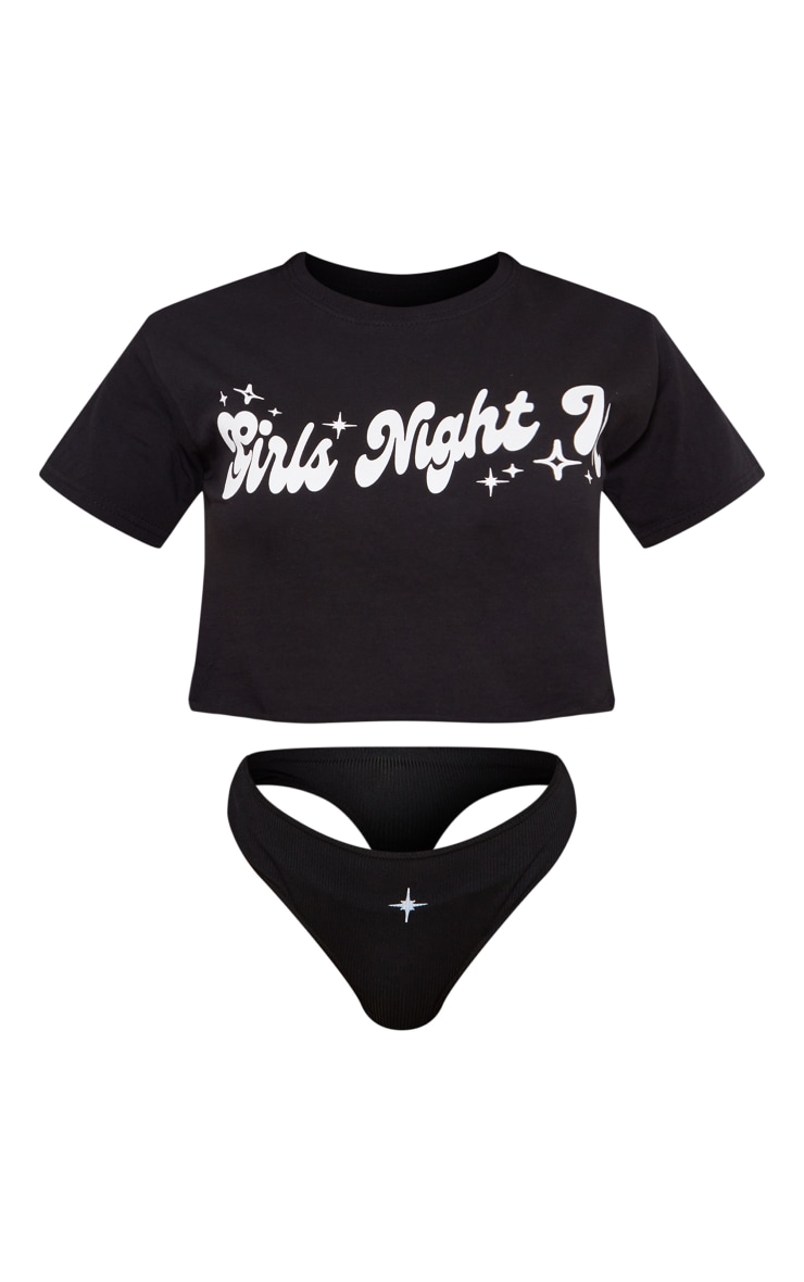 Black Graphic Girls Night In Print Crop T-shirt & Brief Sleep Set image 5