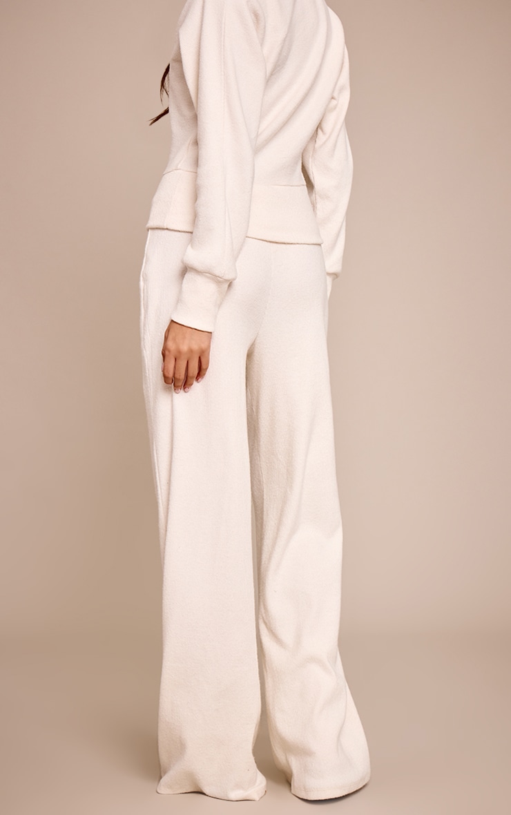 Ecru Soft Ribbed Low Rise Wide Leg Pants image 3