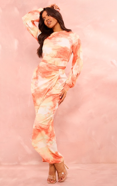 Orange Watercolour Print Tassel Tie Wrap Maxi Dress